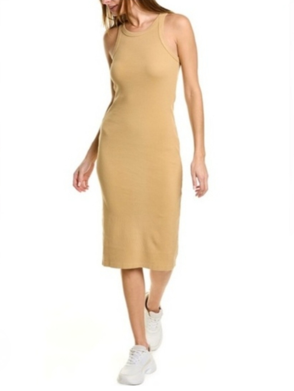 Mother The Chin Ups Midi Dress Rib Knit Stripe Move It In Golden Haze